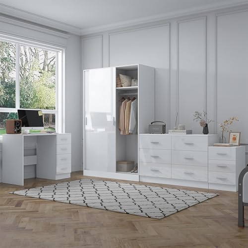 Reflect - 2 Door Sliding Wardrobe + 6 Drawer Chest + 3 Drawer Bedside + 4 Drawer Desk in Gloss White/Matt White