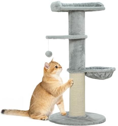 PawHut Árbol Rascador para Gatos, Árbol para Gatos 103,5 cm, Torre Escalador con Cama, Hamaca, Plataforma, Poste de Sisal Extra Grueso, Bola Colgante, Gris Claro