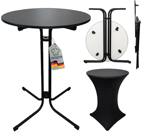 CHEFGASTRO Stehtisch mit Husse klappbar rund 80cm Höhe 110cm Bistrotisch In- & Outdoor Metall, MDF-Platte mit Edelstahlbeschichtung Schwarz Gastro wetterfest Partytisch Klapptisch Gartentisch