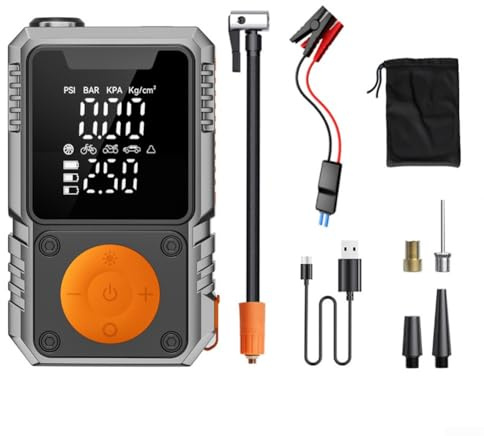 Démarreur de voiture portable 7200 mAh avec compresseur d'air 150 psi, lumière LED, matériau ABS, charge rapide de type C, LCD, 5 modes de gonflage (4 x 1500 mAh)
