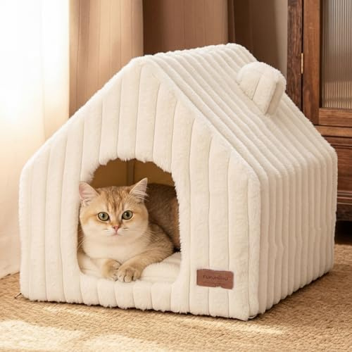 FUKUMARU Katzenbetten, Katzenhaus für drinnen aus weichem Kunstkaninchenfell, niedliche und waschbare Katzenhöhle in Grottenform mit herausnehmbarem Kissen, 44,5 cm, Creme