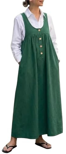 Pinafore Dresses for Women UK Button U Neck Corduroy Dungaree Dress Sleeveless A-Line Maxi Overalls Dress Loose Casual Long Suspender Dresses with Pockets
