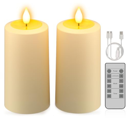 PChero Velas recargables – Paquete de 2 velas LED grandes sin llama parpadeantes con control remoto y temporizador, impermeables para jardín, camping, hogar, boda, Halloween, decoración de Navidad