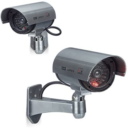 Relaxdays 2 x Dummy Kamera im Sicherheits Set, CCD Kamera mit LED, schwenkbare Sicherheitskamera, für außen und innen, drahtlos