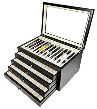 MR Maestro Relojero - Scatola Portapenne con vetrina per 56 penne in legno | Espositore penne stilografiche | Portapenne da esposizione | Raccoglitore collezioni | Nero, legno
