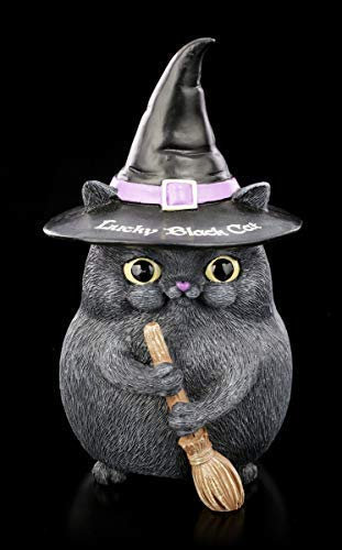 Figuren Shop GmbH Katzen Fantasy-Figur als Hexe mit Besen und Hut - Snapcat Lucky Black Cat | Witzige Dekofigur, handbemalt