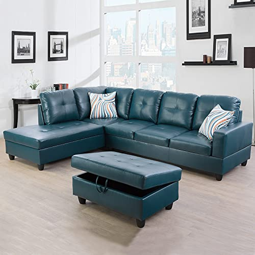 GEBADOL Lifestyle Furniture 3 Piece Sectional Sofa Couch Set, L-Shaped Modern Sofa with Chaise Storage Ottoman and Pillows for Living Room/House/Apartment/Office, Faux Leather, Left Facing
