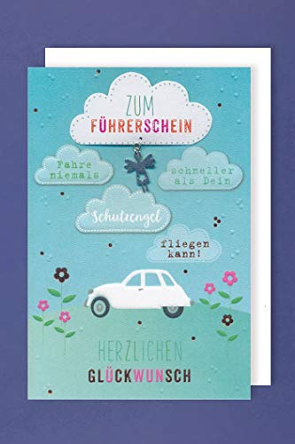 AvanCarte Führerschein Karte Grußkarte Applikation Prüfung Bestanden Wolken 16x11cm