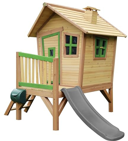 AXI Spielhaus Robin mit Grauer Rutsche | Stelzenhaus in Braun & Grün aus FSC Holz für Kinder | Spielturm für den Garten