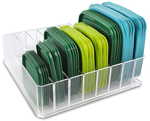Bawuie Lid Organizer for Food Storage Container, Plastic Lid Holder with 7 Adjustable Dividers for Kitchen Pantry Cabinet and Drawer, Countertop Cupboard Lid Organization, Medium, Clear