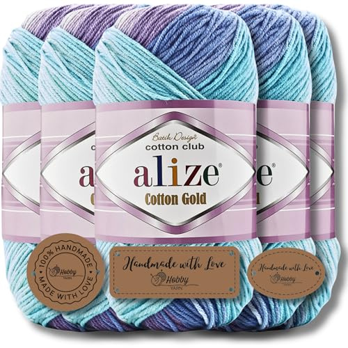 Alize 5x 100g Cotton Gold Batik Türkische Premium Wolle Baumwolle und Acryl Handstrickgarne Garn Yarn Babywolle Strickgarn mit Farbverlauf Accessoire Baby zum Häkeln Stricken (4531)
