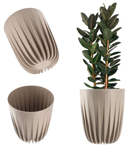 KADAX blomkruka av plast med naturmaterial, moderna planteringskrukor, geometriskt mönster, rund form, naturlig design, hög kruka (25 cm, latta)