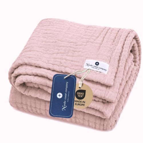 nordic coast company Musselin Decke Baby [80 x 80 cm] – Musselindecke | Krabbeldecke Neugeborene – 100% Baumwolle, 4-lagig, Spucktuch, Stilltuch – Baby Erstausstattung Neugeborene (Altrosa)