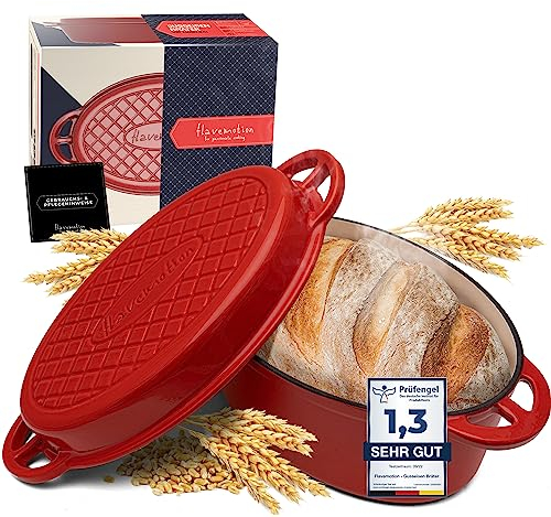 FLAVEMOTION Gusseisen Topf mit Deckel als Grillpfanne, 30cm, oval, 6,5kg - Gusseisen Topf Brot backen, Schmortopf - ROT emailliert, Bräter & Grillpfanne Induktion kompatibel