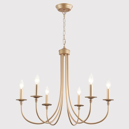 ALISADABOY Gold Farmhouse Chandelier Modern Candlestick Dining Chandelier Light Fixture Industrial 6 Light Pendant Lighting for Kitchen Living Room Bedroom Foyer Entrance Hallway Entryway