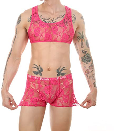 Bikini Sexy Herren Unterwäsche Mann Spitze Weste Sexy Brustgeschirr Boxershorts Set Shorts Dessous Bühnenkostüm Exotische Tanks, rose, M