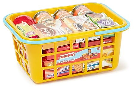 Casdon 62801.AMA002 Colourful Toy Shopping Basket for Children Aged 2+ | Comes with Miniature Versions of Popular Branded Foods, Yellow