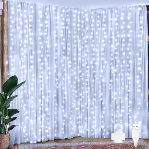 Ollny Christmas Curtain Fairy Lights, 200 LED 2m x 2m USB String Light Indoor Outdoor Waterproof Cool White Hanging Window Lights with Hooks, Bedroom/Outside/Wall/Door/House/Garden/Xmas Decor