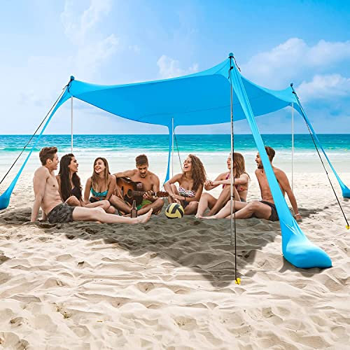 COMMOUDS Sonnenschutz 2,1M x 2,1M, UPF50+ Sonnensegel Strandmuschel Tragbarer Strandzelt mit 4 Aluminiumstangen und Sandsäcken für 4-6 Personen, Einfacher Aufbau für Picknick, Angeln