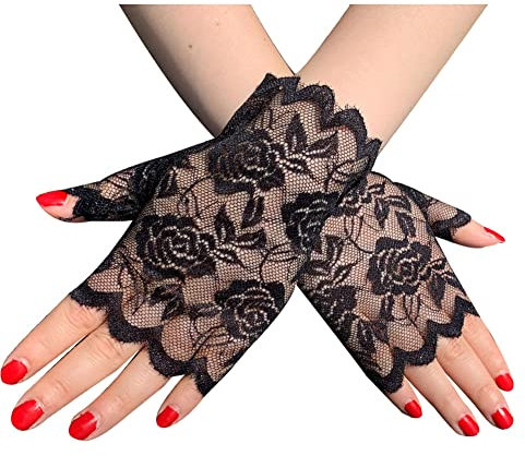 SHTGOI 1 Paar Damen Spitzenhandschuhe Kurze Braut Fingerlose Blumenspitze Handschuhe Sonnenschutzhandschuhe Hochzeit Spitzen Handschuhe für Teeparty Beerdigung Hochzeitsfeier Kostümzubehör Schwarz