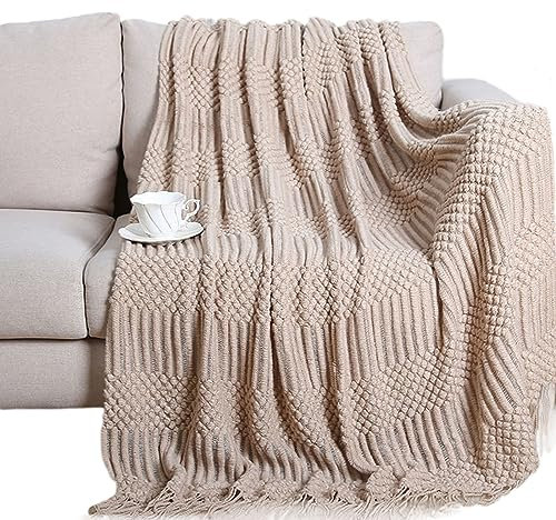 Zoomlie Strickdecke mit Fransen, gewebte Decke, groß, leicht, dekorativer Bezug für Sofa, Bett, Couch, alle Jahreszeiten, Heimdekoration, Hotel, Khaki, 130 x 230 cm
