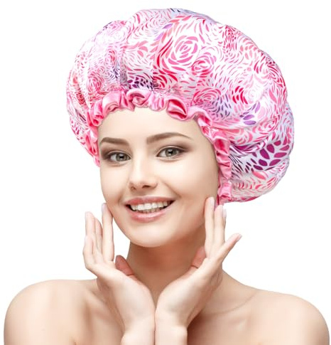 mikimini Shower Cap for Women and Girls with Short Medium Hair, Elegant Pink Floral Design, Reusable Waterproof Double-Layered, Perfect for a Romantic Feminine Touch