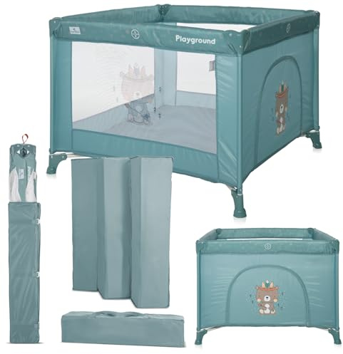 Lorelli Baby Laufstall Playground, kleiner Laufgitter 100x100 cm, Absperrgitter mit atmungsaktivem Netz, Schutzgitter mit Reißverschlusstür, faltbarer Krabbelgitter, blau