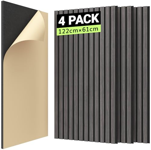 TONOR 4 PCS Wood Slat Panels, 48 x 24 x 0.83 Adhesive Acoustic Panels for Wall, Decorative 3D Fluted Panels for Sound Absorbing, Soundproof Panels with Wood Finish for Living Room, Ebony Wood Black