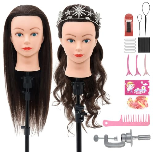 Neverland 28 Testa per Parrucchieri, 60% Capelli Umani, Teste per Parrucchieri Allenamento con Fermaglio da Tavolo + Set per Acconciature (Marrone)