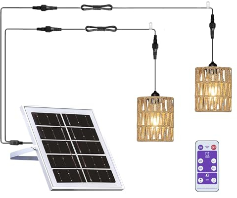 Lampe solaire suspendue en rotin pour extérieur balcon avec télécommande - Suspension - Panier suspendu - Abat-jour sans électricité - Étanche - Éclairage extérieur de jardin et camping - Câble de 5 m