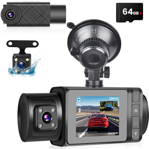 NHOPEEW Dash CAM Delantera y Trasera 1296P + Gran Angular Cámara de Visión Trasera - Dash CAM con Pantalla de 2 Pulgadas G-Sensor/Grabación en Bucle/Visión Nocturna + 64G Tarjeta SD