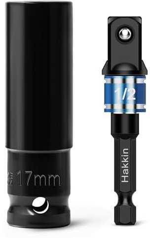 1/2 inch Drive Impact Socket Set Hakkin 17mm Deep 6-Point Impact Socket and 1/4 Hex Shank to 1/2 Drive Adapter Heavy Duty Chrome Vanadium Steel