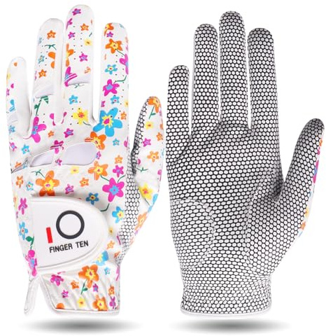 FINGER TEN Golfhandschuhe Damen Leder Linke Rechte Hand 1 Stück, Golf Handschuh Damen Extra Allwetter Griff 3D Performance Weicher Komfort (Bunt, M, Links)