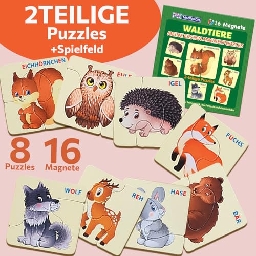 MAGNIKON Puzzle für Kinder Waldtiere, Magnetpuzzle ab 2 Jahre, 16 Magnete | 2 Teile, Magnetisches Puzzle, Kinderpuzzle, Lernspiel, Kinder Beschäftigung für Autofahrt, Spiele für Unterwegs, Baby Puzzle