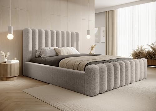 DomoHome- Modernes Polsterbett Mona VII – Elegantes Bett Mit Stauraum Modernem Kopfteil Und Hochwertigem Stoff-Abriamo Für Ihr Schlafzimmer 200x200 cm, Farbe: Beige