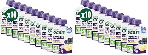 GOOD GOÛT - Petit Déj Myrtille - Gourde Pour Bébé - Dès 6 Mois - Format Nomade - Sans Sucres Ajoutés - 10x70g (L'emballage peut varier) (Lot de 2)