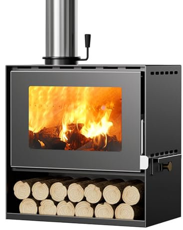 Stufa a camino autoportante vintage, vista in vetro, legna a legna, stufa a legna con stoccaggio a legna per interni, stile retrò, stufa a fiamma, stufa nera (S)