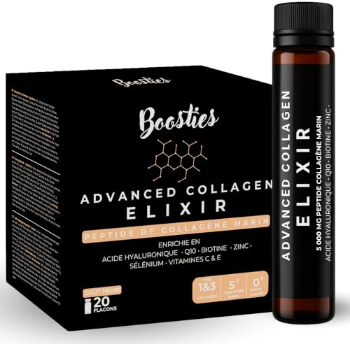Collagène Marin À Boire - Format Shot Liquide Ready-to-Drink - 20 Shots de 25ml - Goût pêche - Cure 20 Jours - 5000mg Peptides de Collagène par Shot + Acide Hyaluronique + Vitamine C - BOOSTIES