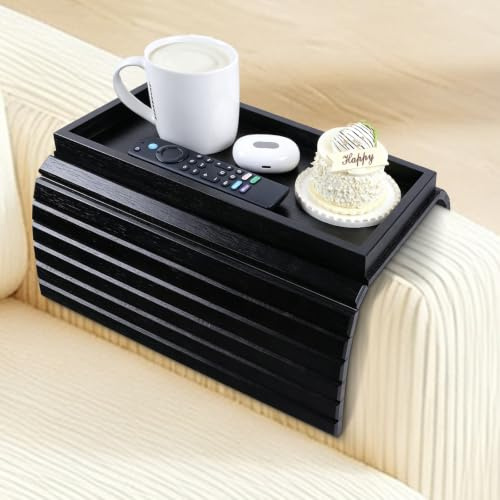 Natural Bamboo Sofa Armlehnenablage, Faltbar Sofatisch Rutschfestarmlehne Ablage FüR Couch Butler, Home Organizer Platzieren Sie Fernbedienung, Snacks(Black)