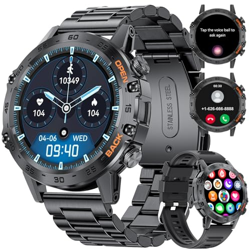Men's Smart Watch for Android iOS 1.39 HD Round Dial Bluetooth Phone Call Smartwatch for Men Black Stianless Steel,Health Monitor,2 Watch Straps,400 mAh Battery,100+ Sport Modes Activity Tracker