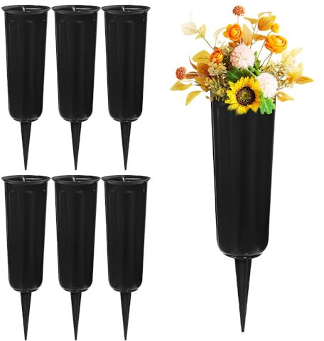SGZIOO 6 Pcs Grave Flower Pots with Spike, Detachable Memorial Vases for Graves, Plastic Grave Pots, Black Grave Ornaments, Spiked Grave Vases, Grave Flower Holders for Fresh or Artificial Flowers