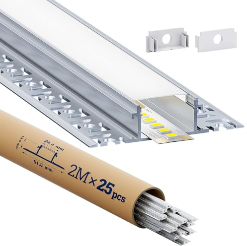 HOOLED LED Profil 2 m für LED - Streifen 25 Stück Trockenbauprofil (Lamellen 61.8mm) Geeignet für alle Streifen bis 20mm Mit milchweißer PC-Abdeckung