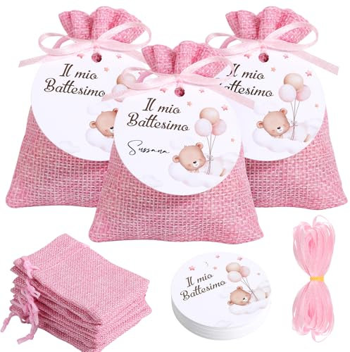 BOFUNX 24 Set Taufe Gastgeschenke, 24pcs Rosa Jutesäckchen + 24pcs Papier Geschenkanhänger + Seidenband, Mädchen Taufe Gastgeschenke