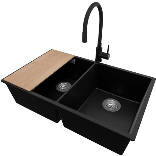 PRIMAGRAN Fregadero Granito Negro - London Twin Slim, 76x47cm