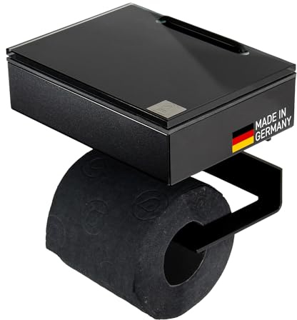 Toilettenpapierhalter mit Feuchttücherbox - Gehäuse Schwarz & Abdeckung Glas Schwarz - befüllbar von Links - Wandhalterung 2-in-1, Feuchttuchbox & Klopapierhalter aus Edelstahl, Made in Germany