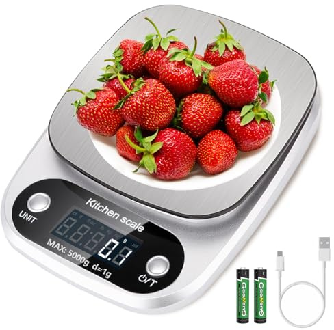 Tatqilo Digital Kitchen Scales, 0.1g High Precision, Max 5kg, Stainless Steel Food Scale, Kitchen Weighing Scale with LCD Display & Tare Function, Electronic Digital Scale for Food, Cooking, Baking