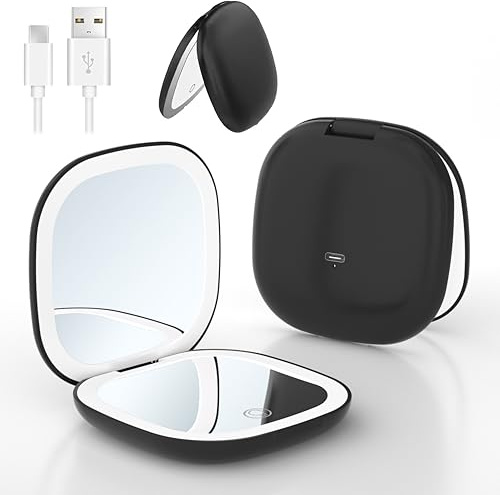 SMTEK Rechargeable Travel Makeup Mirror with Light – 1x/10x Magnifying Compact LED Mirror for Handbag Purse, 2-Side Dimmable Pocket, USB Type-C Charging,10cm Portable Handheld Gift for Women – Black