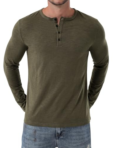 PARKLEES Chemise Henley pour homme, décontractée, coupe ajustée, pour le muscle, manches longues, T-shirts d'entraînement athlétiques, vert militaire, L