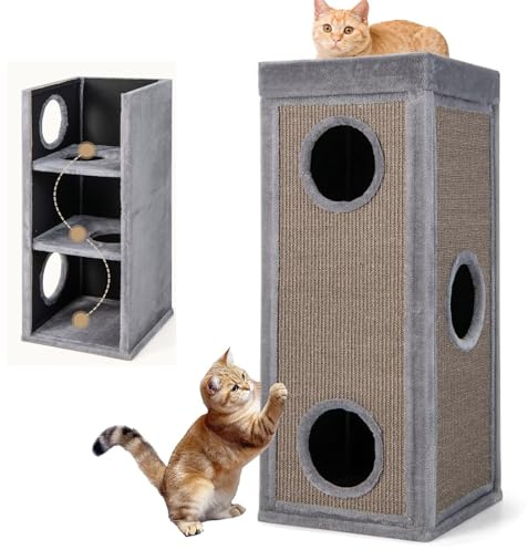 GYMAX Kratztonne 40 x 40 x 99 cm, 4-stöckige Katzentonne mit 3 Höhlen, abnehmbare Plüschkissen & 2 Kratzbretter, Stabiler Kratzbaum für kleine & große Katzen (Grau)