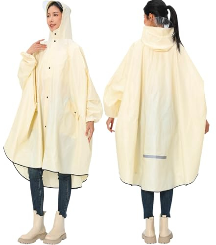 RYM-DURONN Ultra-Wide Rain Poncho with Sleeves for Adults, Waterproof EVA Cape with Hood & Pockets, Reusable Lightweight Outdoor Poncho – Cream Yellow